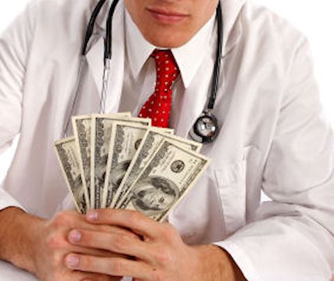 Man Holding Money in Doctor Outfit with Smirk Expression